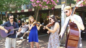 The Leather Britches: Nick DiSebastian (guitar), Bronwyn Keith-Hynes (fiddle), Jen Starsinic (fiddle) and Charles Muench (bass).